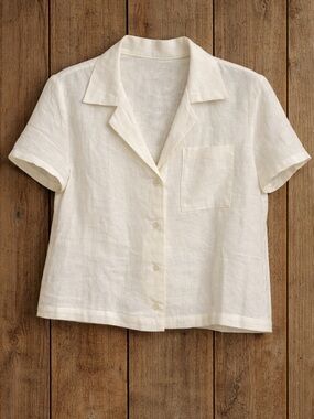 Sophie Rue 100% Linen Button Front Shirt Size L Ivory Short Sleeve Collared Top
